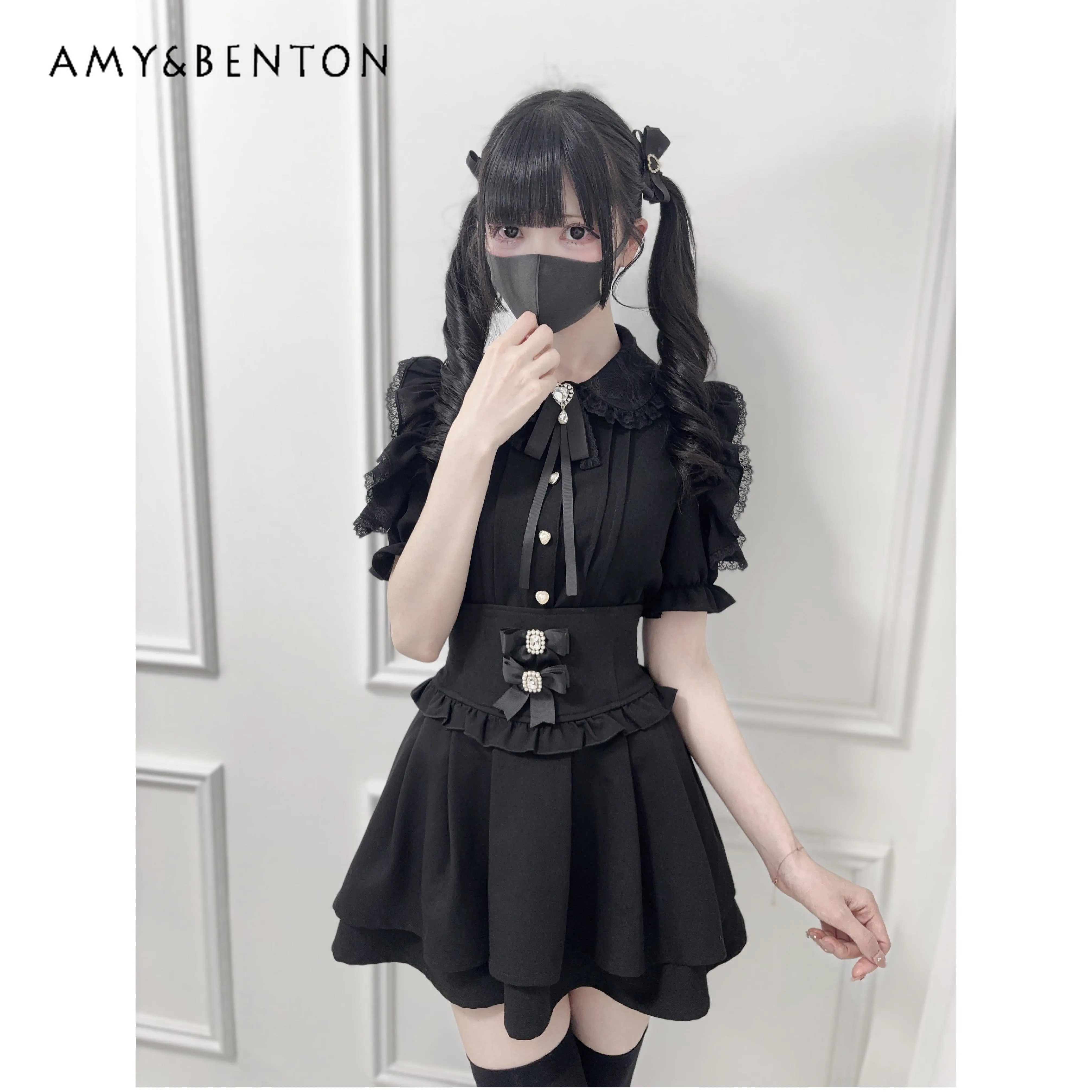 Mine Series Mass-produced Shirt Japanese Sweet Lace Doll Collar Bow Shirt Cute Ruffle Edge Off-shoulder Short-sleeved Top Summer