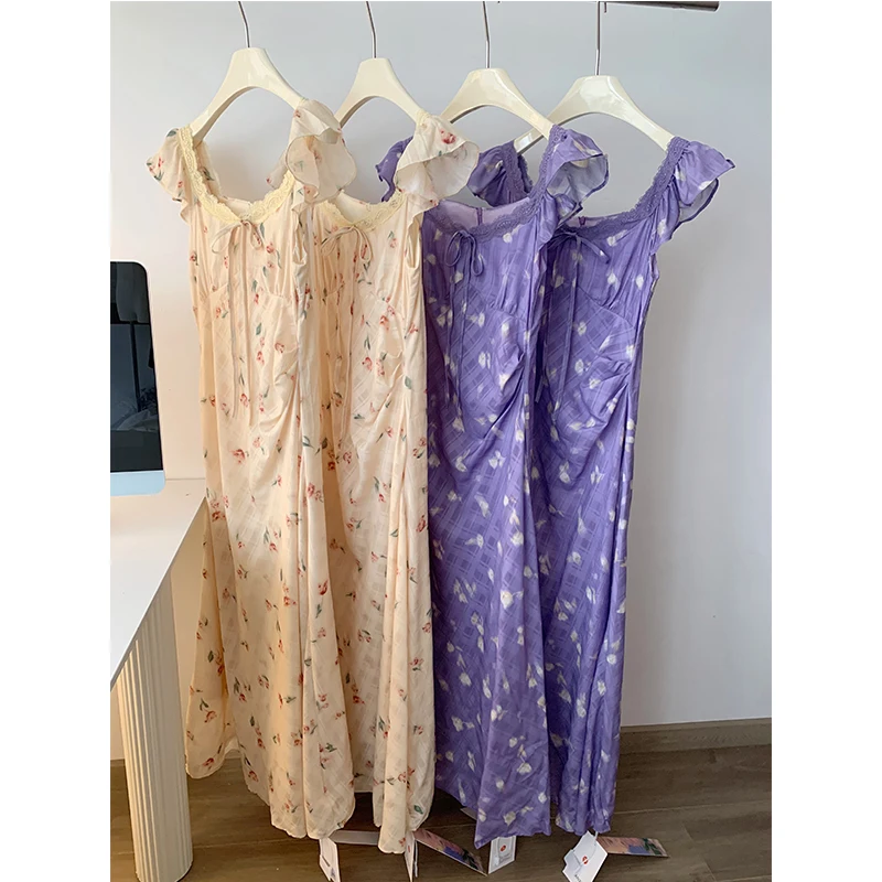 Women's Summer Lace U Neck Sleeveless Ruffles Shoulder Floral Long Sleeve Lady Elegant Slim Holiday Streetwear Dress