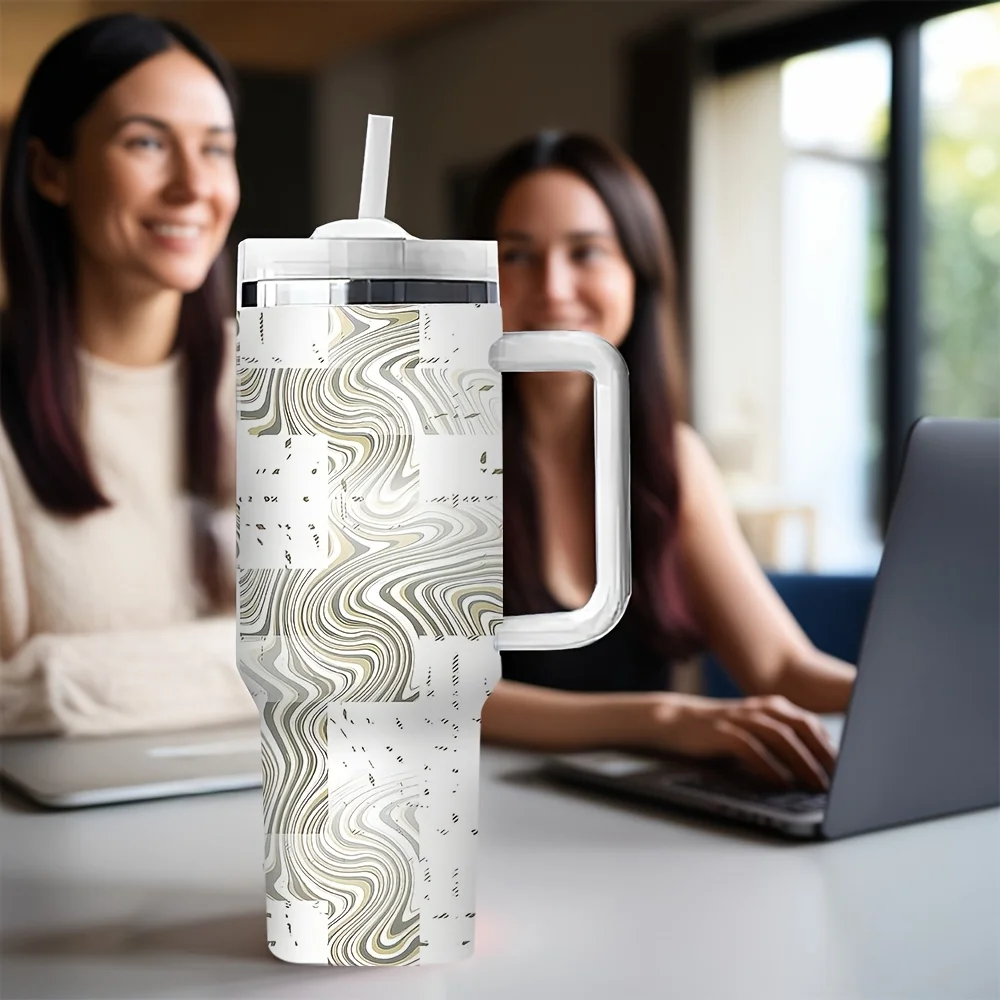 Modern Abstract Distressed Block Wavy Pattern Printed Insulated Travel Tumbler with Convenient Handle And Reusable Drinking Straw view 3