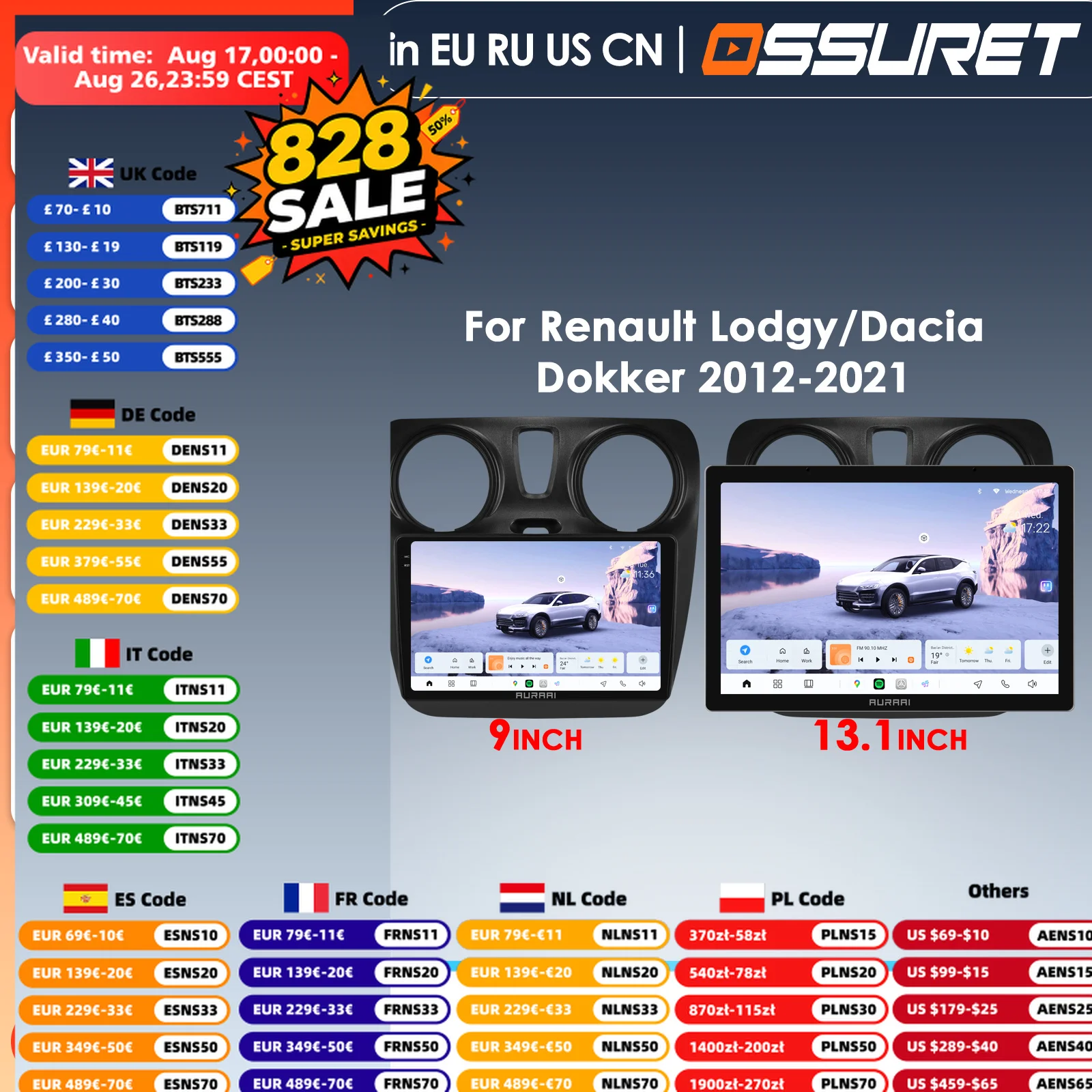 HD 2K Screen for Radio GPS for Renault Lodgy Dacia Dokker 2012-2021 Car Multimedia Player 7870 Aura AI Intelligent Systems ADAS
