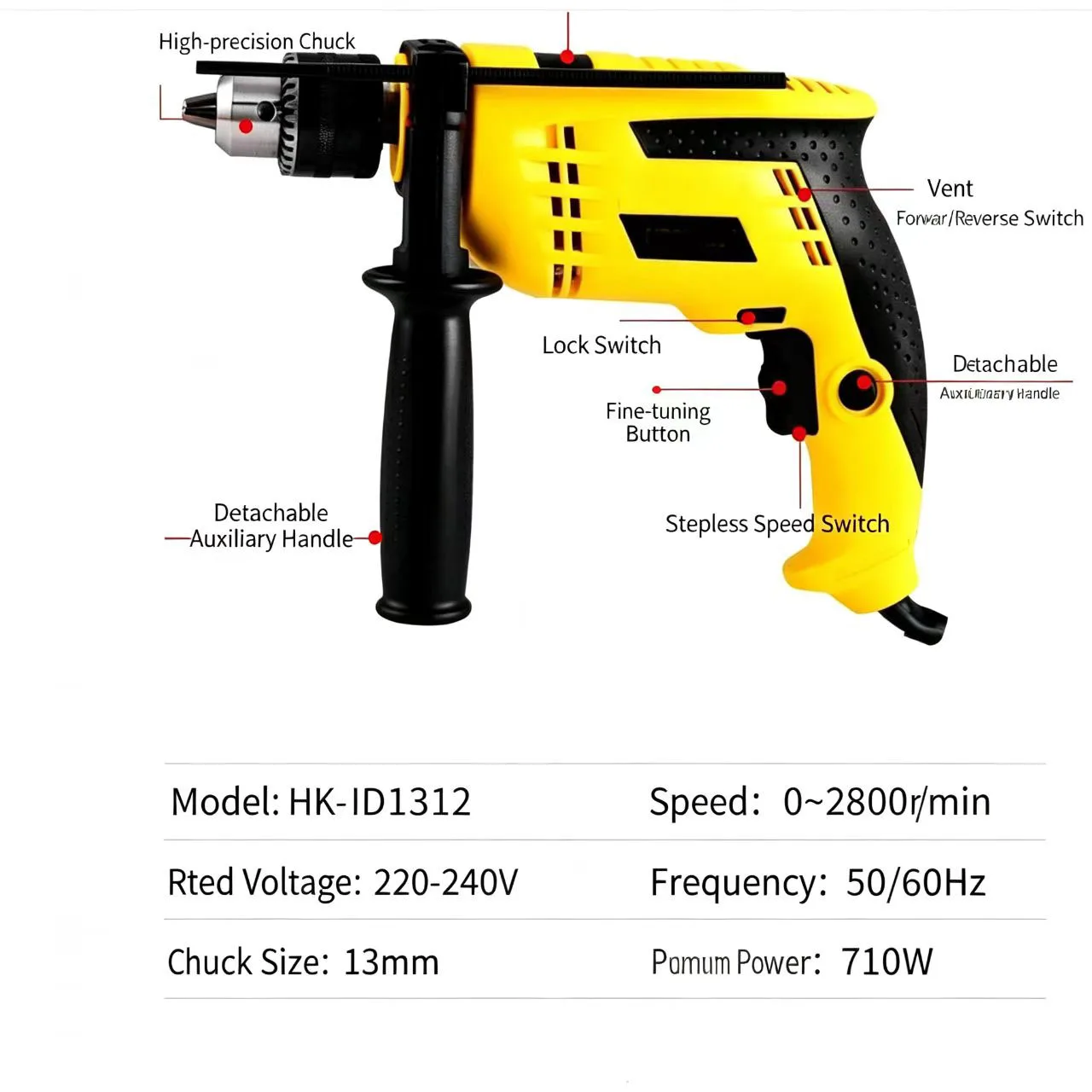 710W 1200W Electric Hammer Drill with 360-Degree Adjustable Auxiliary Handle for Small-Scale For Wood Concrete Jobs