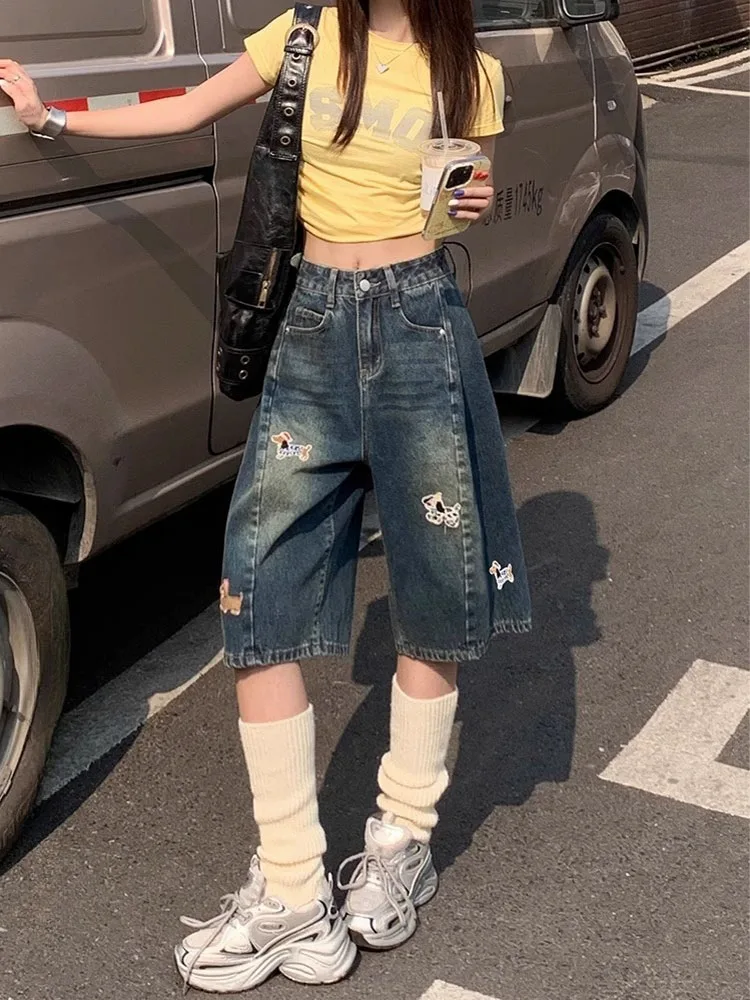 

Женские свободные широкие брюки средней длины с вышивкой собаки, пятиточечные джинсовые orts с вышивкой собаки, прямые брюки из семи предметов