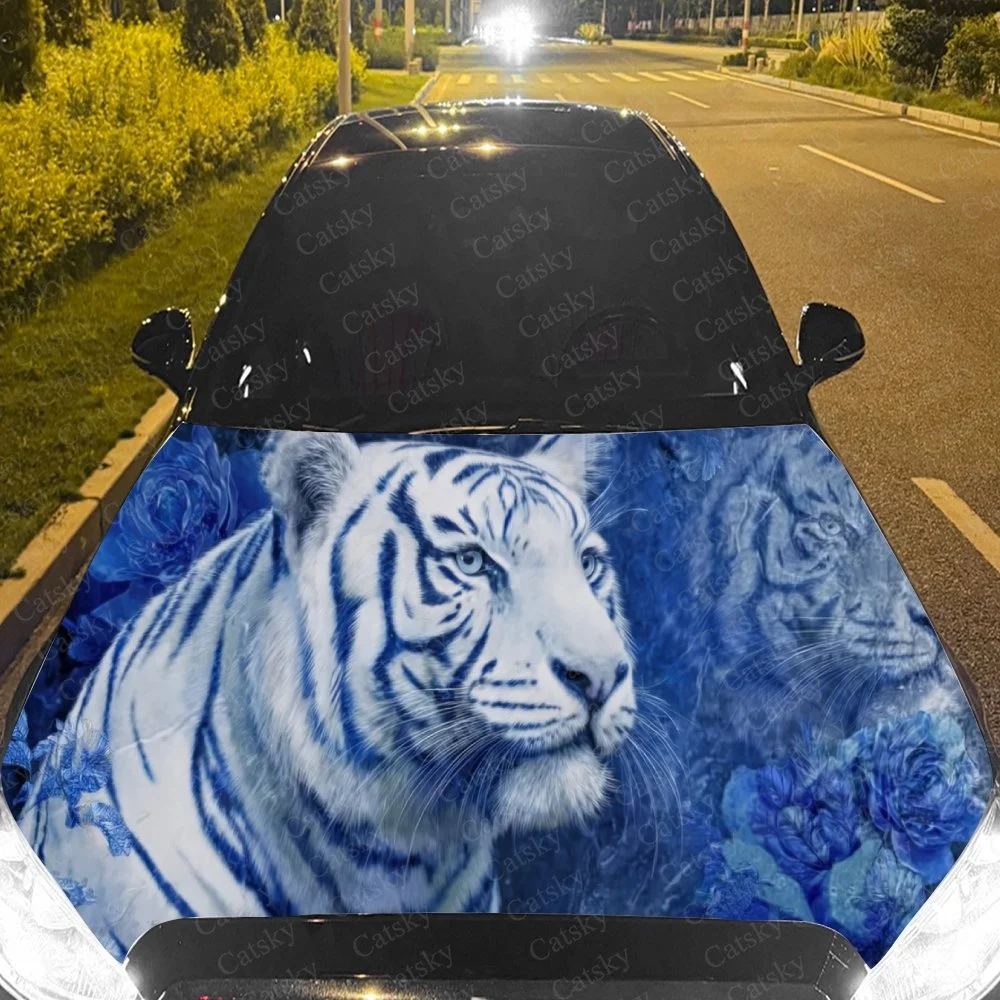 Blues Tiger Flower Car Hood Sticker PVC Self Waterproof Stick, Striking Auto Exterior Accessories Decor Protect Gift for Lover