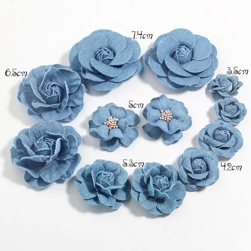 6Pcs Denim Fabric Flower Boutique Chiffon Lace Trim Flowers Wedding Decoration DIY Scrapbooking Bride Hair Veil Clothes Headwear