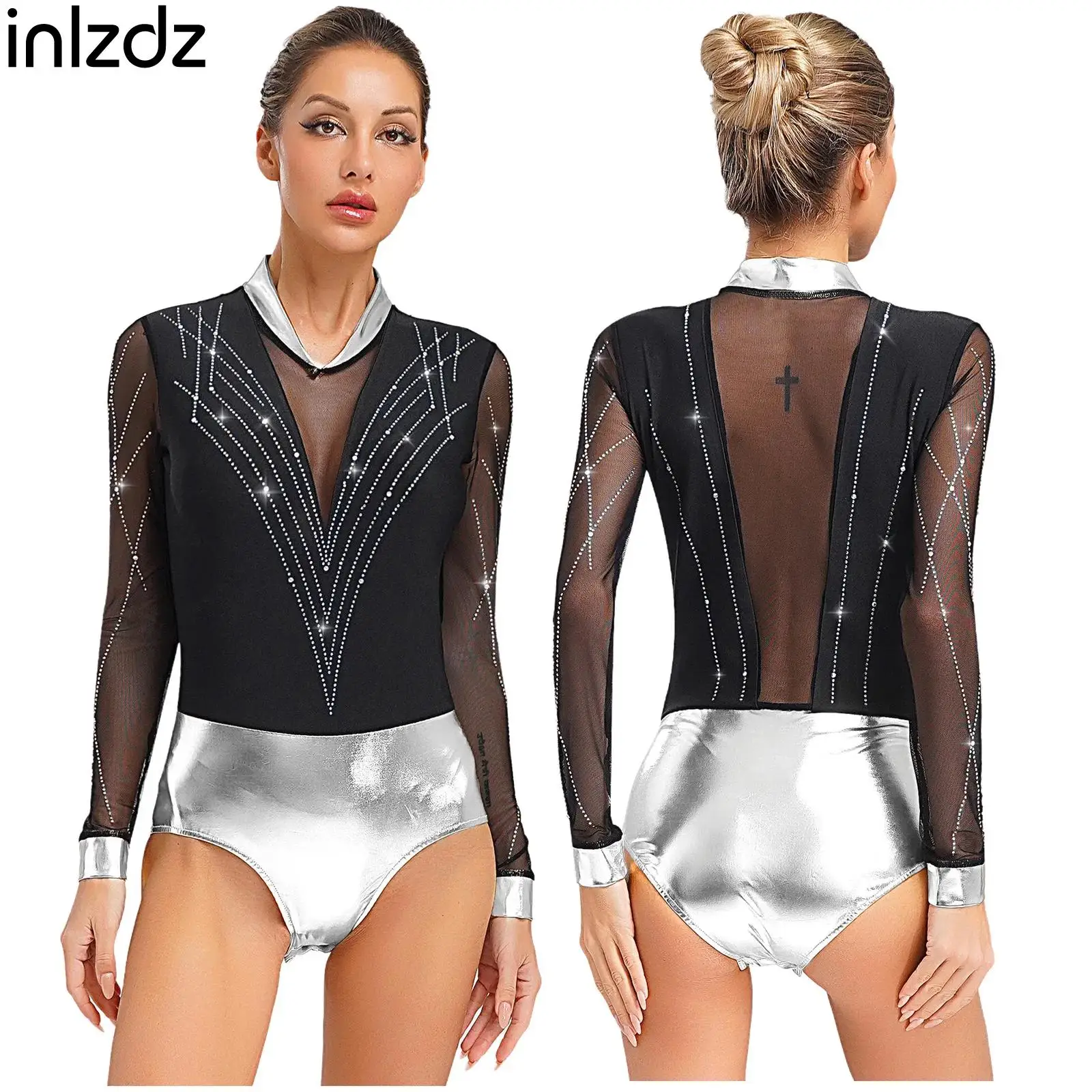 

Womens Rhinestones Gymnastics Dance Leotards for Swimsuit Long Sleeves Mesh Leotard Ballet Dance Costume Skating Stage Clothes