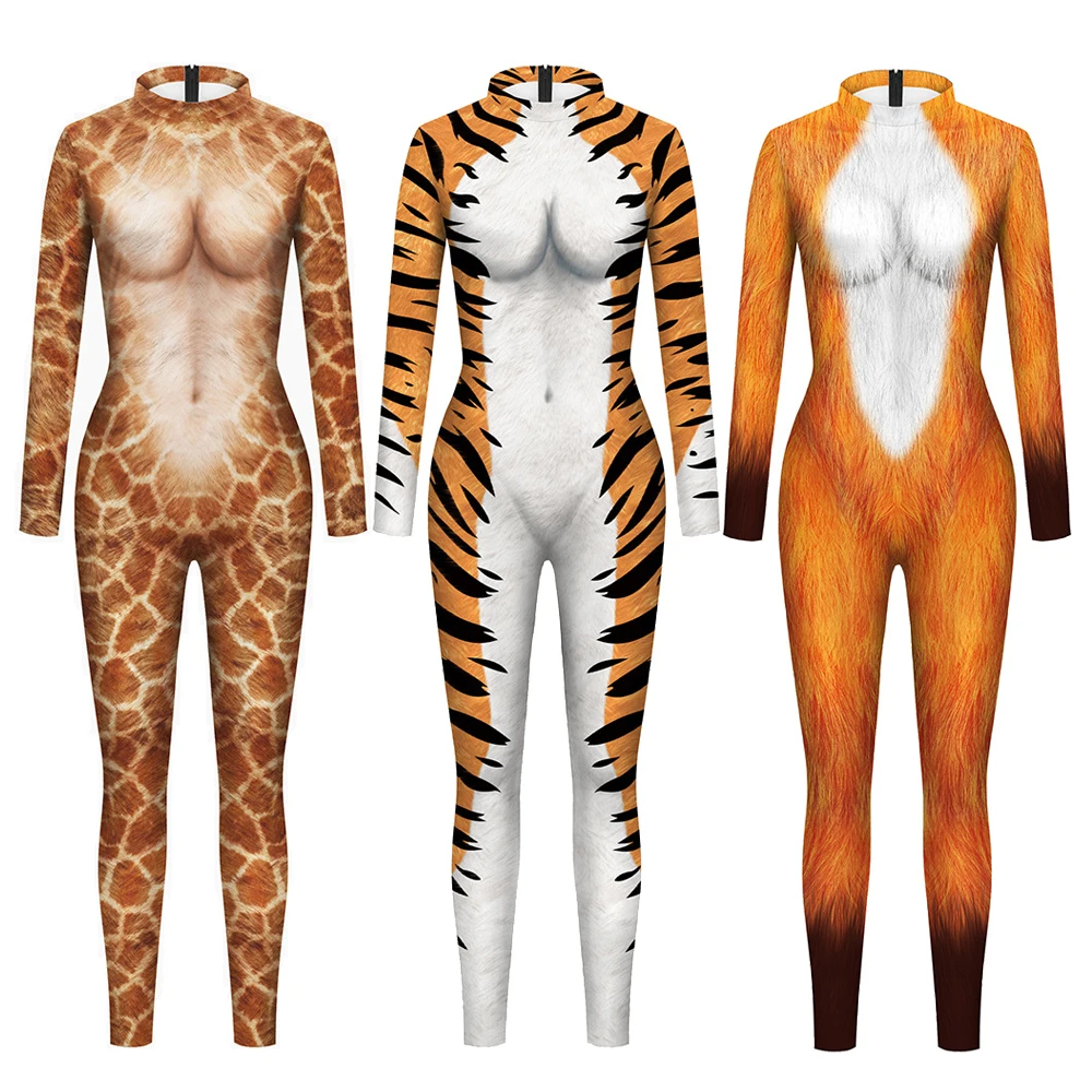 Cosplay Animal The Giraffe Tiger Wolf Skin Couple Bodysuits Costume Jumpsuit Men Women Outfits Performance Zentai Suit