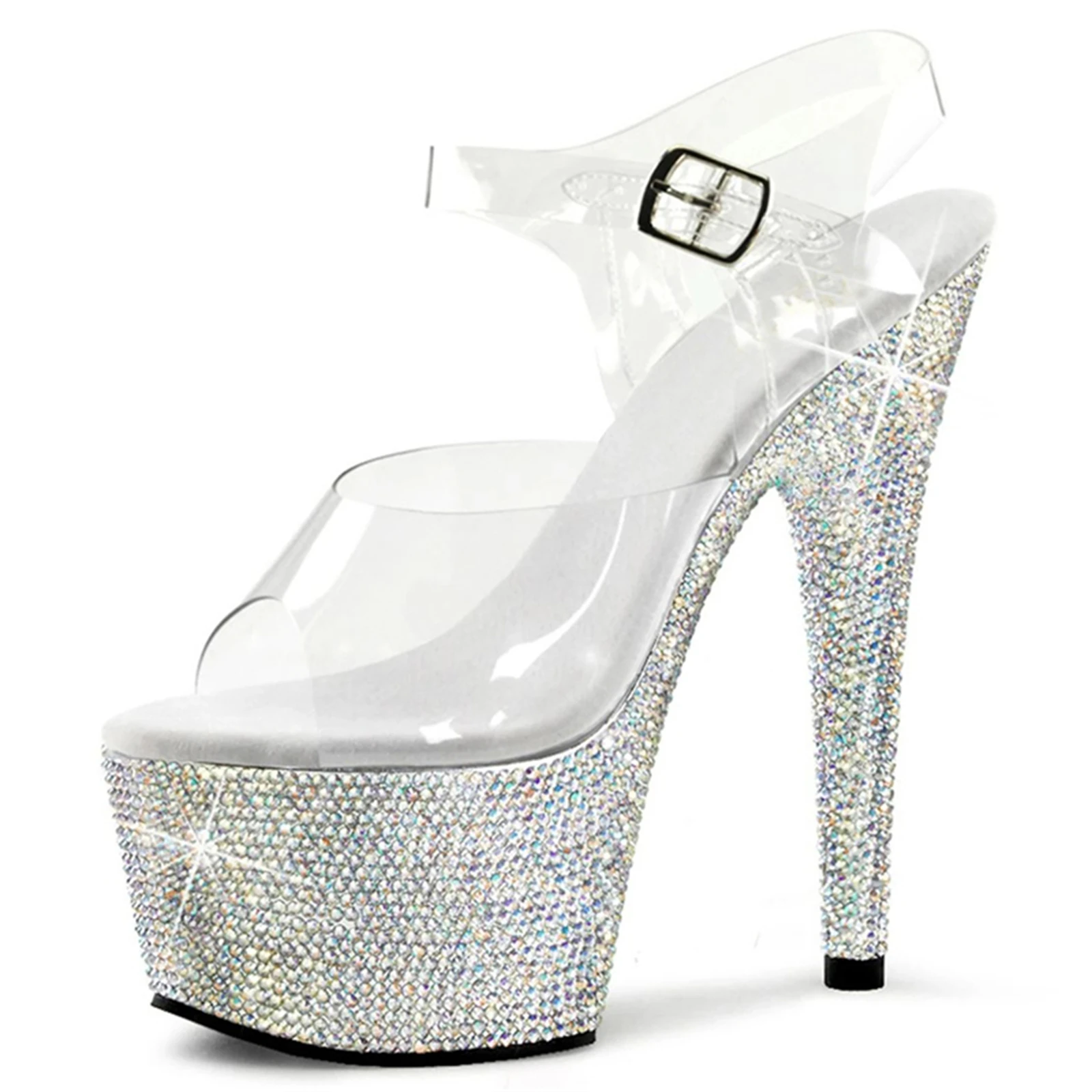 17CM Crystal Galaxy Heels - Transparent Platform Stilettos W/ 200+ Rhinestones & Adjustable Ankle Strap for Stage Performances