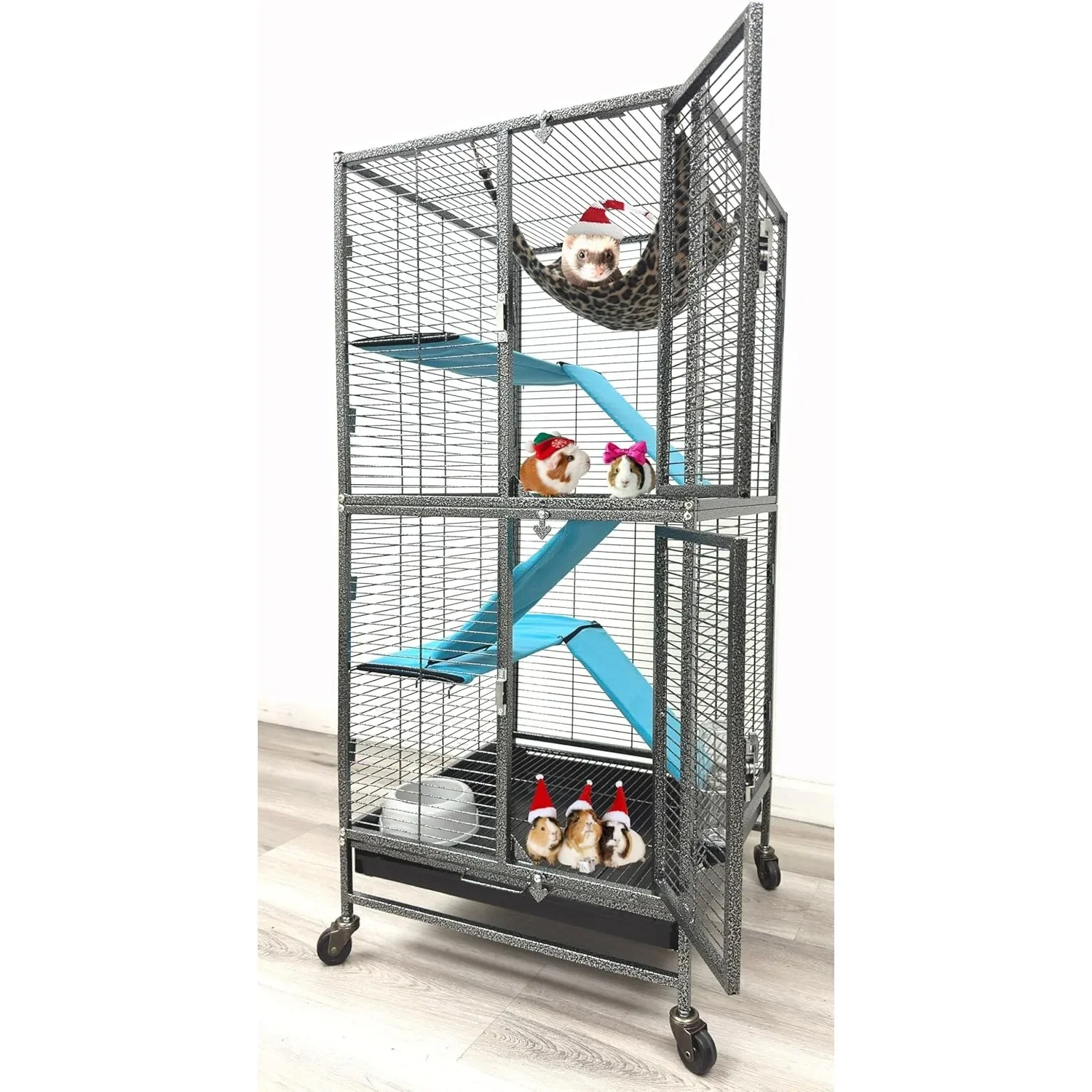 Two Full Story Double Unit 4-Tiers Chew-Proof Tight 1/2-Inch Bar Spacing Double Large Front Doors Small Animals Rolling Cage