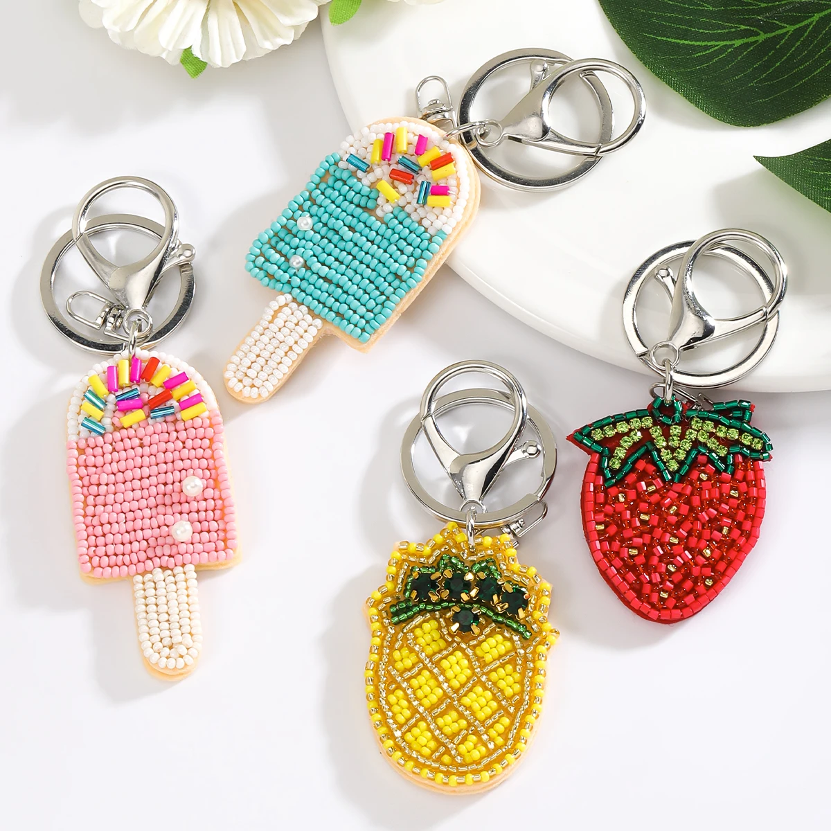 （Left and right style random）Bohemian hand-made beaded Rhinestones pendant key chain,lovely fruit ice cream daily women jewelry