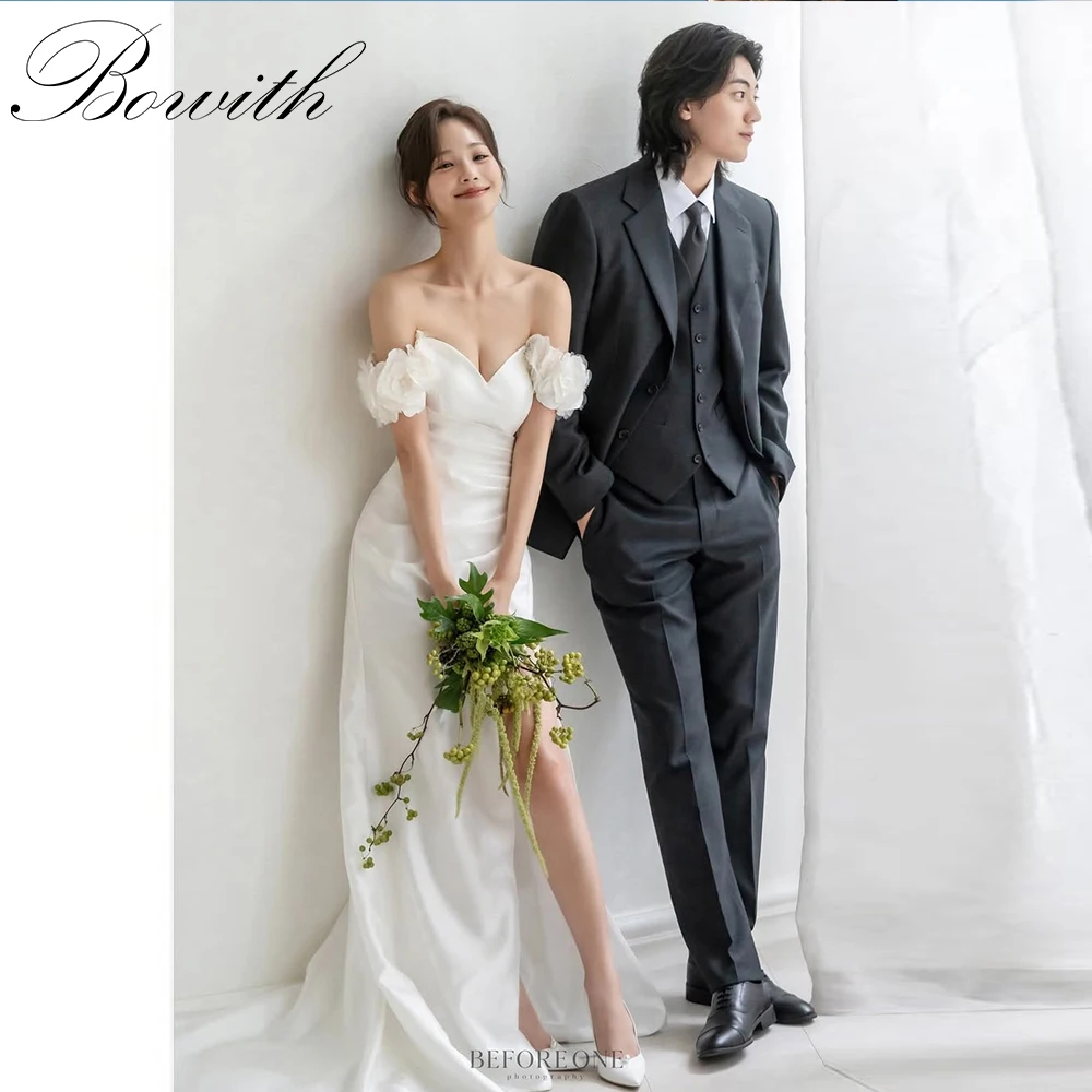 

Bowith 3D Flowers Korean Wedding Dresses Off the Shoulder Side High Slit Bridal Gown Customized Photo Shoot Dresses