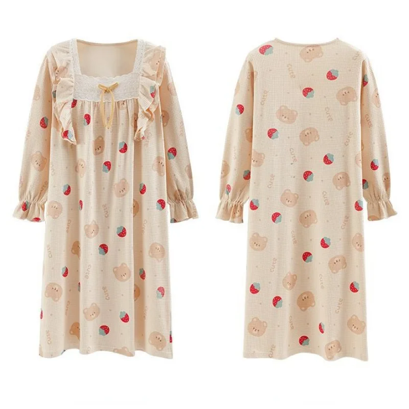 2024 New Pure Cotton Long Sleeved Pajamas Women Spring Autumn Nightgowns Oversized Loose Home Clothing Girls Casual Sleepshirts