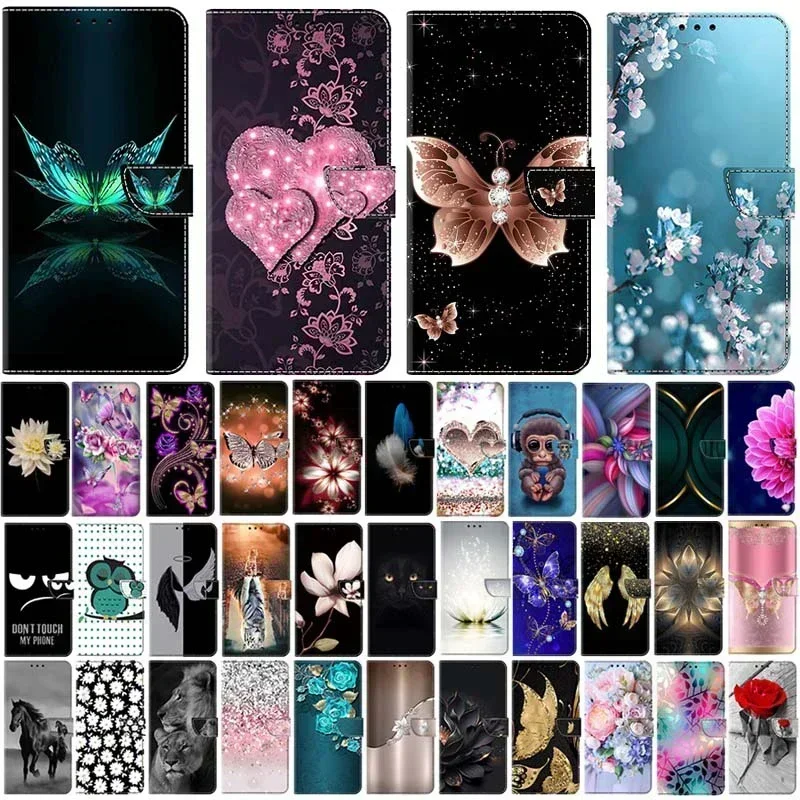 Cute Butterfly Painted Case For Motorola G22 G32 G42 G52 G62 G82 Moto G31 G41 G51 5G Magnetic Leather Card Slot Flip Cover