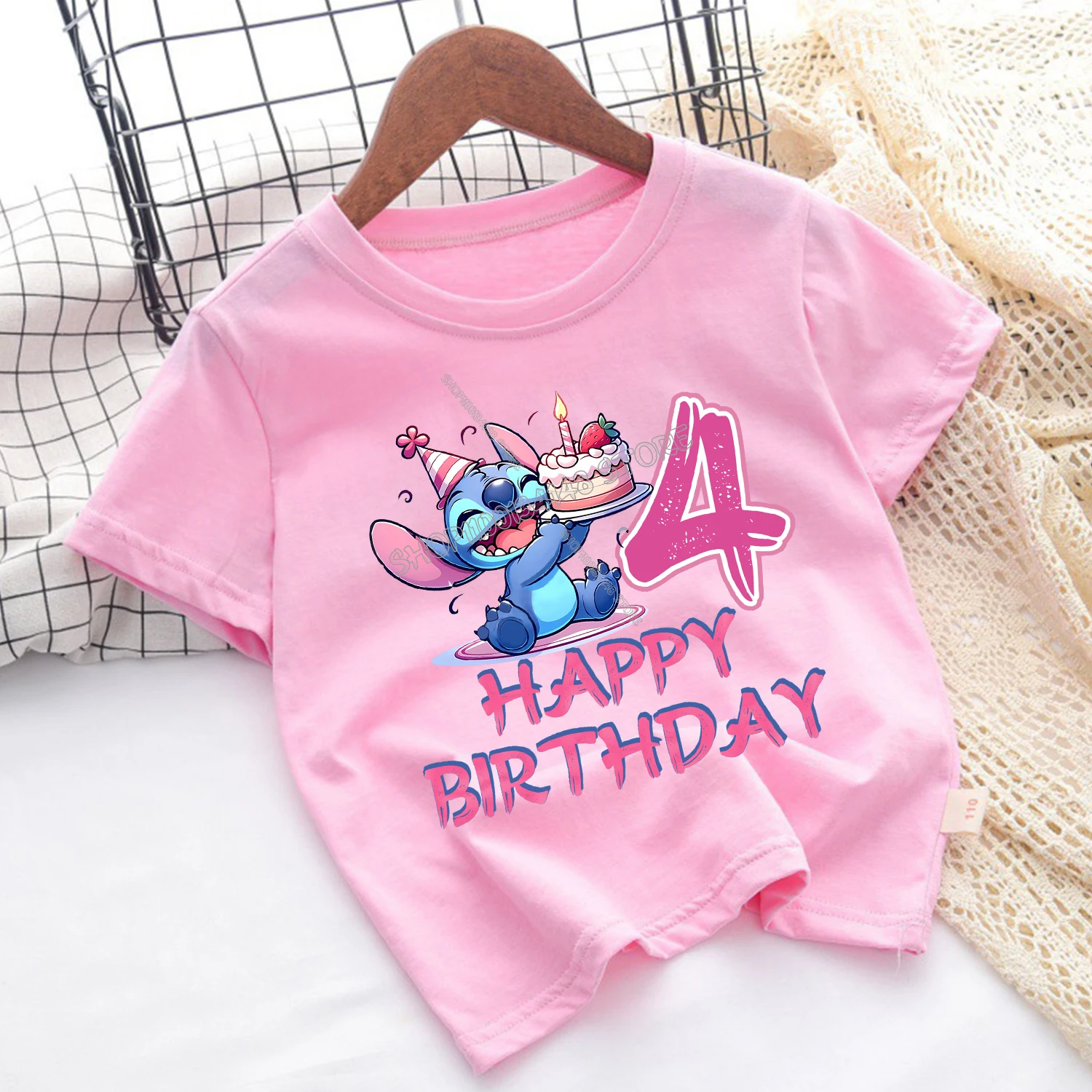 Disney Lilo Stitch T-shirt for Children Cute Cartoon Figure Tee Pink Cotton T-shirt Fashion Birthday Short Sleeve Loose Clothing