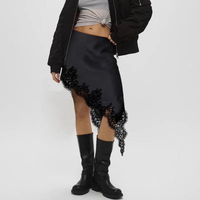 

Женская атласная юбка макси с кружевной отделкой Y2K, шелковая асимметричная лоскутная юбка с высокой талией, длинная юбка-миди, нерегулярные струящиеся юбки