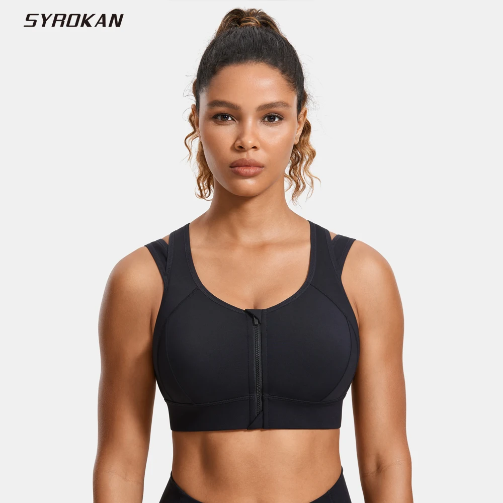 SYROKAN  Front Zipper Sports Bras for Women High Support Double Mesh Racerback Padded Wireless Breathable Bra Workout Fitness