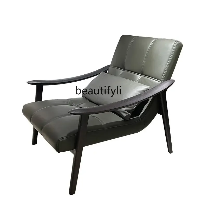 

Nordic Solid Wood Single-Seat Sofa Chair Living Room Leisure Recliner Leather Sofa Minimalist Bedroom Chair