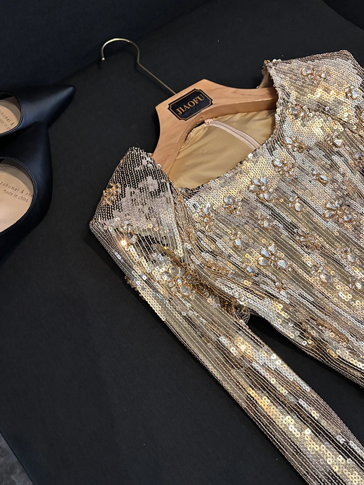 Golden Long Paillettes Dr Embelli avec Diamo Heavy Work Commute Sle T-shirt taille moyenne en fibre d'acétate 2025 Winter New Arr...