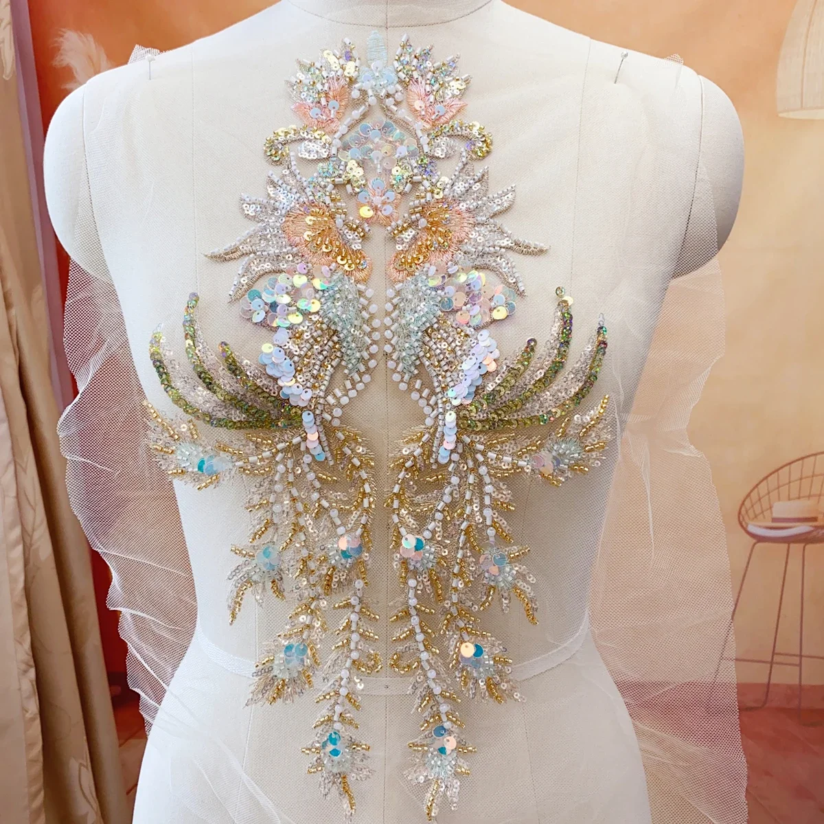 Vestido de novia de encaje bordado con cuentas de lentejuelas y escamas de pescado dorado champán, vestido de noche, disfraz de escenario, accesorios de costura DIY