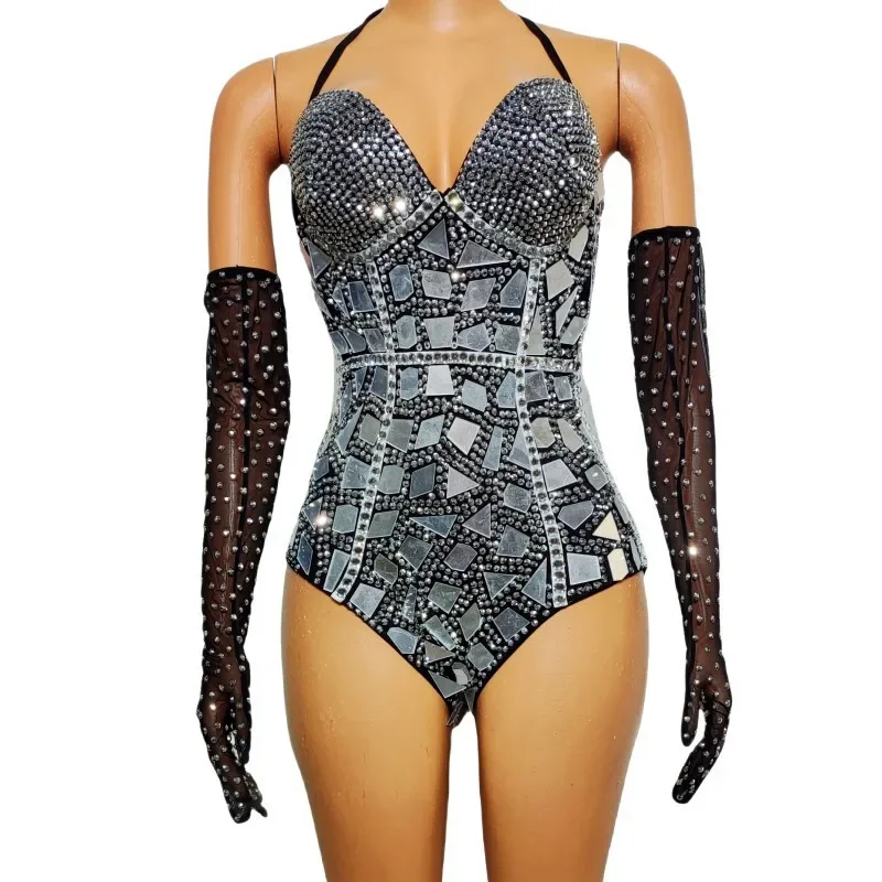 

Наряд для вечеринки с бриллиантами, роскошная женская танцевальная команда, сексуальное боди с серебряными кристаллами и зеркалом, перчатки, сценический наряд, DJ, танцовщица, певица, ночной клуб