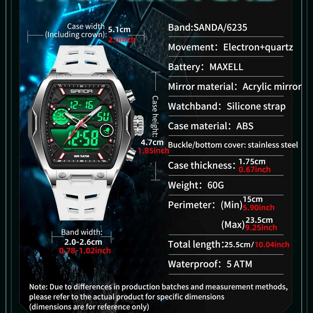 SANDA Business Men Clock Waterproof Digital Calendar Chronograph Man Watch Tonneau Dial Luminous Quartz Men's Watches Reloj