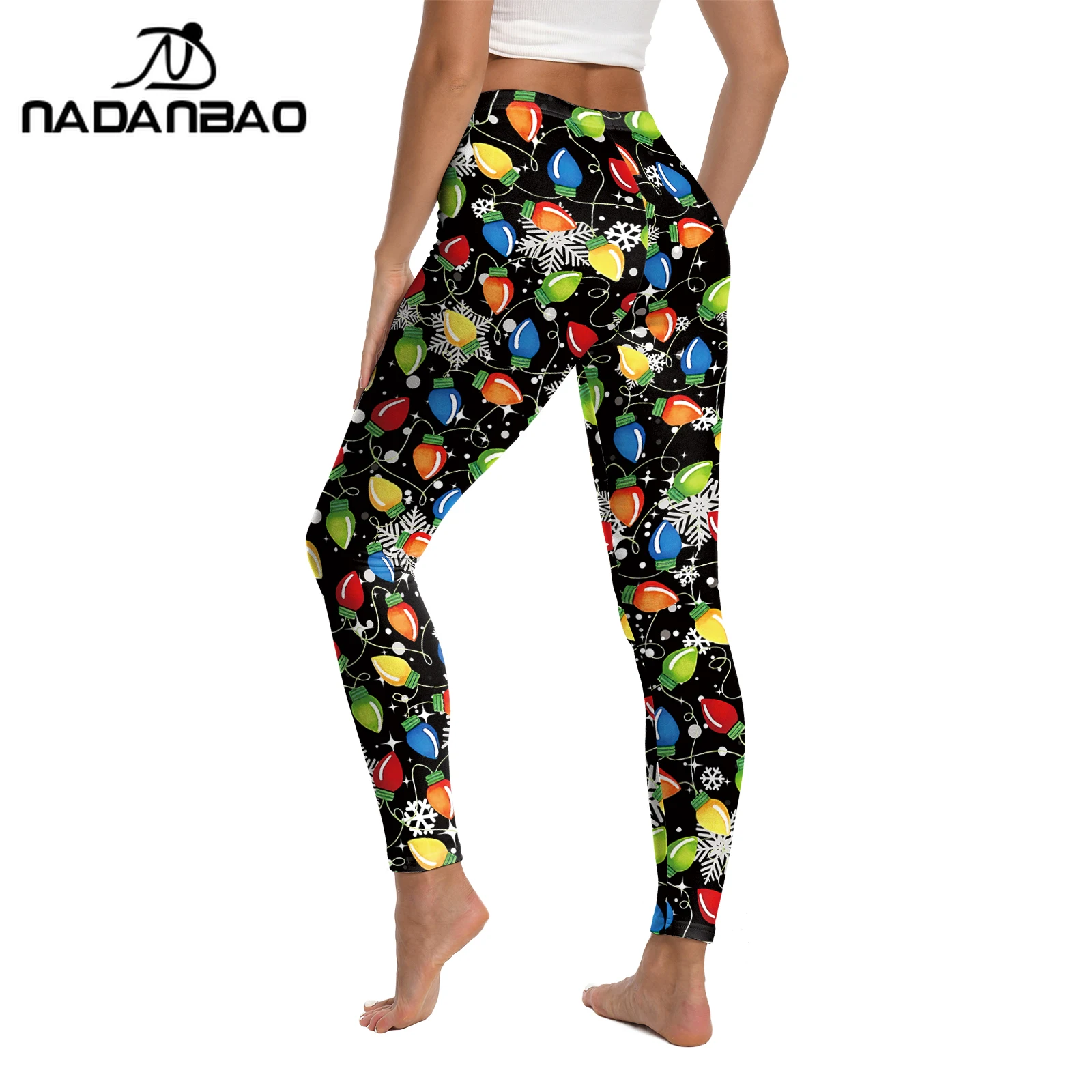 Nadanbao damesbroek met kleurrijke lichtenprint, sexy zwarte middentaille legging, casual buiten yogabroek, kerstfeestbroek