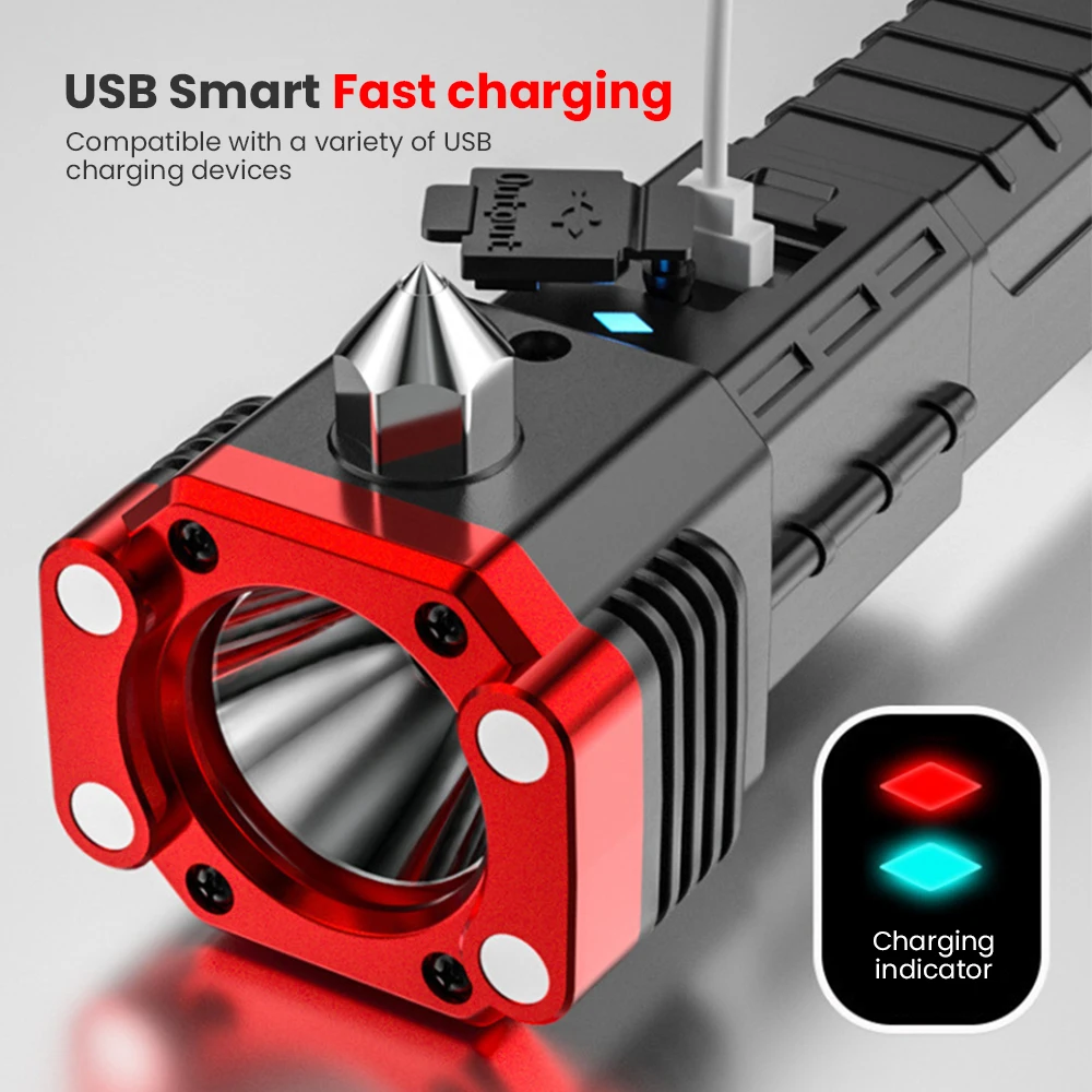 Super Bright Rechargeable LED Flashlight with Safety Hammer Magnet Work Light Portable Torch Light Outdoor Adventure Lighting