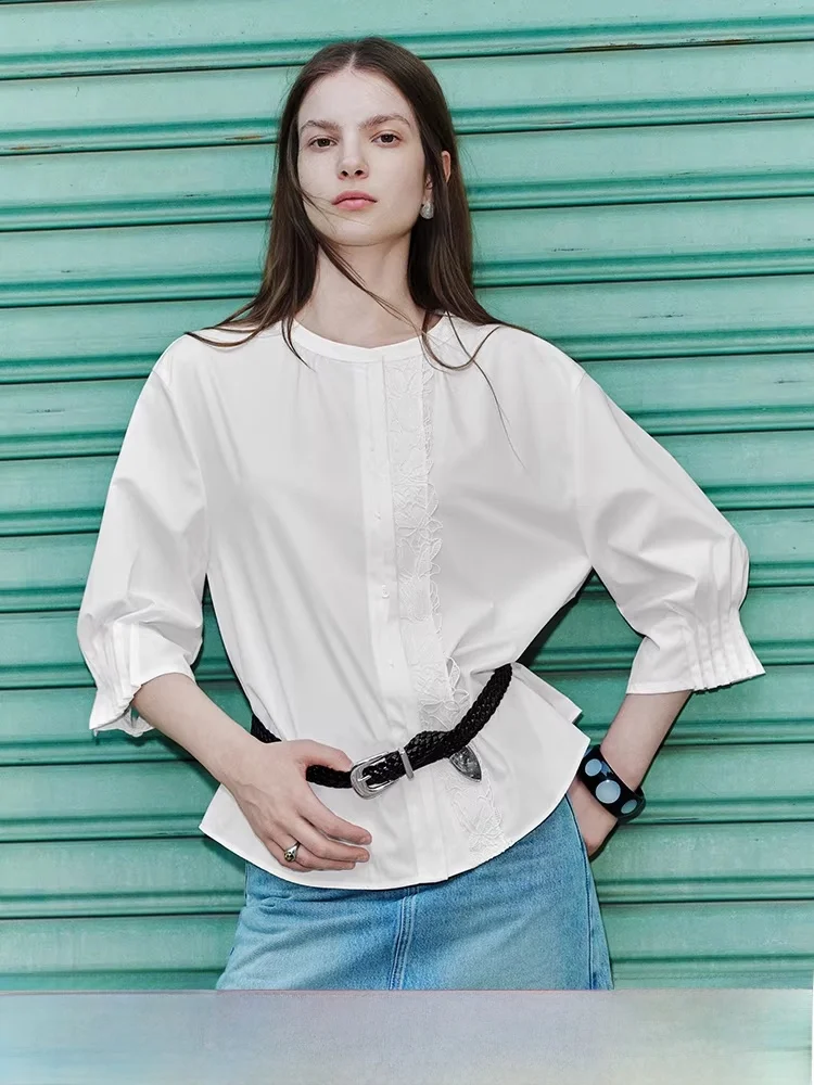 

Vivian Fani round Ne Loose Commuter irt Women's Summer New Lace Flower Top Seven Sve Polyester Fiber