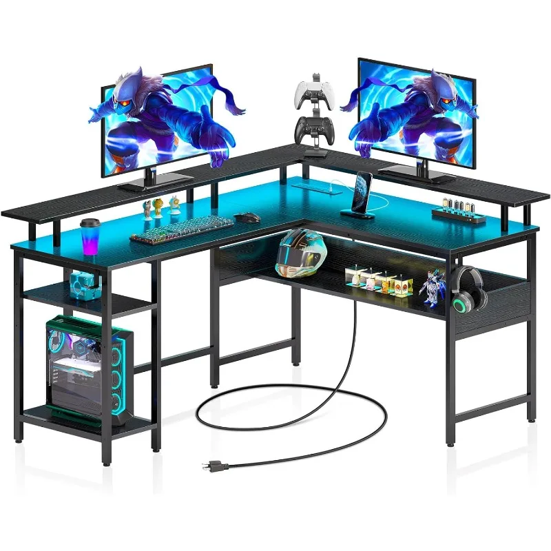 Computer Desk L Shaped 56.7" With LED Lights And Power Outlets, Reversible L Shaped Gaming Desk With Monitor Stand, Ho