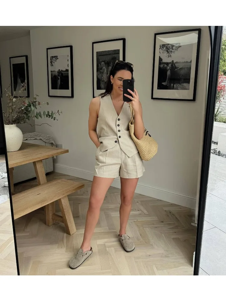 Women Elegant Solid Waistcoat Shorts Set Sleeveless Vest Top+High Waist Slim Shorts 2024 Lady Office Casual 2 Pieces Set