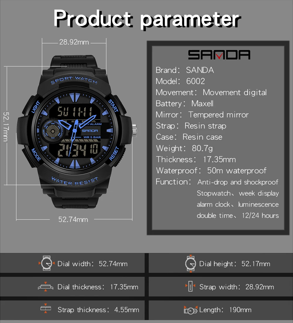 SANDA-reloj deportivo de cuarzo para hombre, cronógrafo Digital luminoso de 5 bares, resistente al agua, con pantalla Dual, 6002