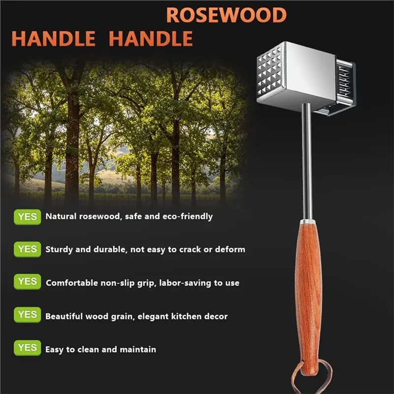 CHCH For Steak For Pork Non-Slip Rosewood Handle 2 In 1 Stainless Steel Meat Tenderizer Hammer, Meat Mallet
