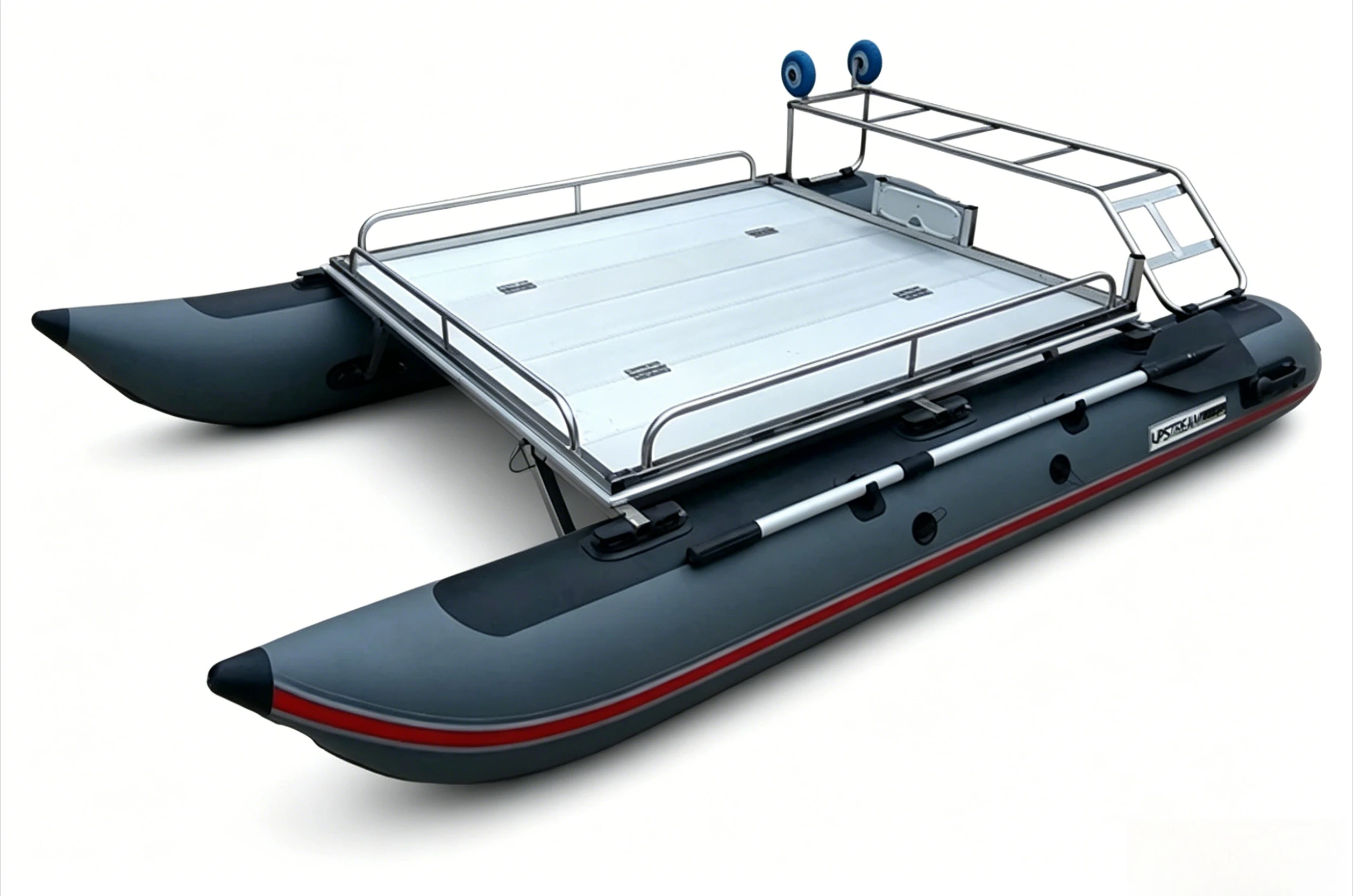 Inflatable Catamaran Boat, 3m Mini Yacht CLH300, Aluminum Deck Platform, 2 Person PVC Fishing Boat, for Lake River Diving, 300cm