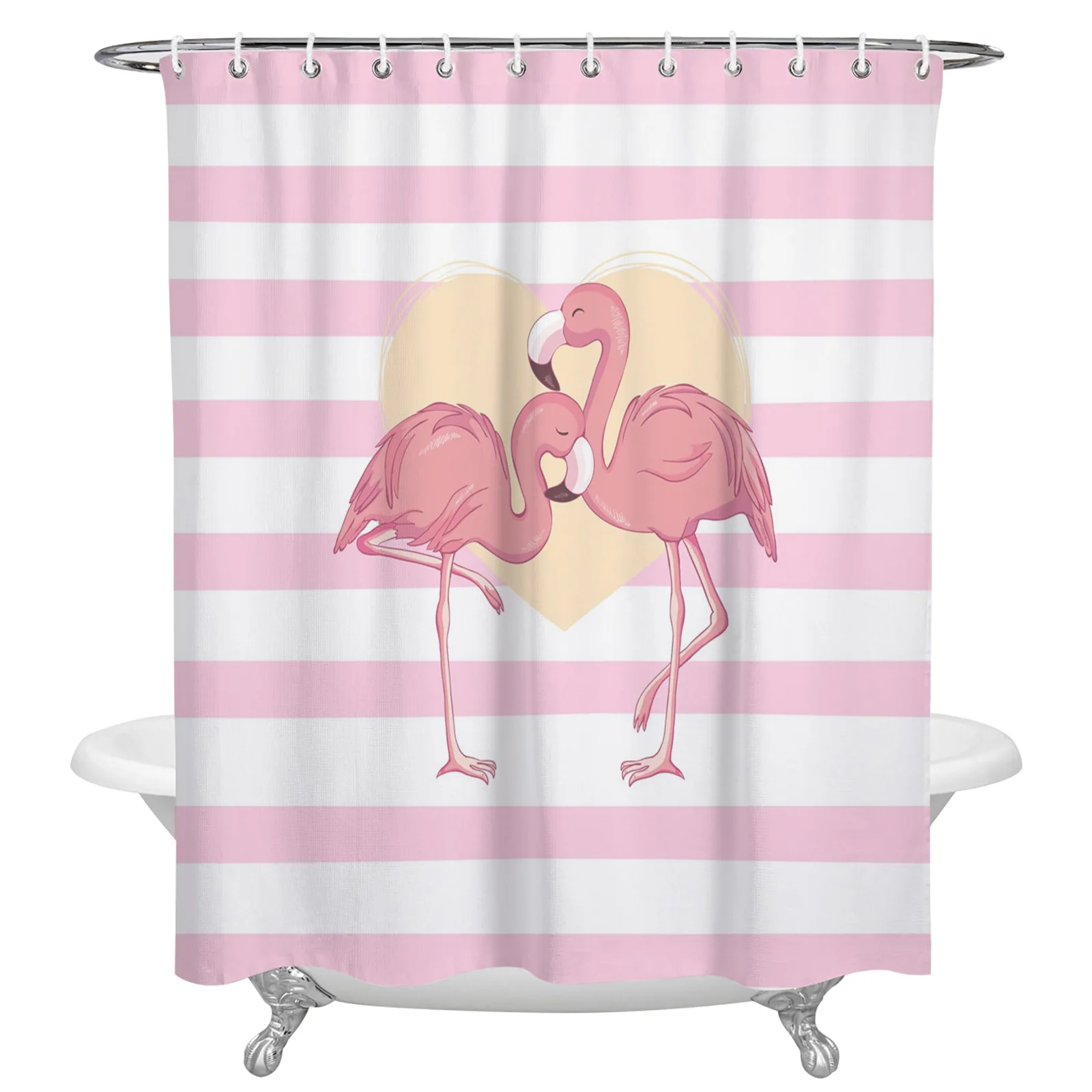 Pink Striped Flamingo Waterproof Bathroom Decoration Shower Curtain With Hook Printed Bathtub Curtains Bathroom Accessories