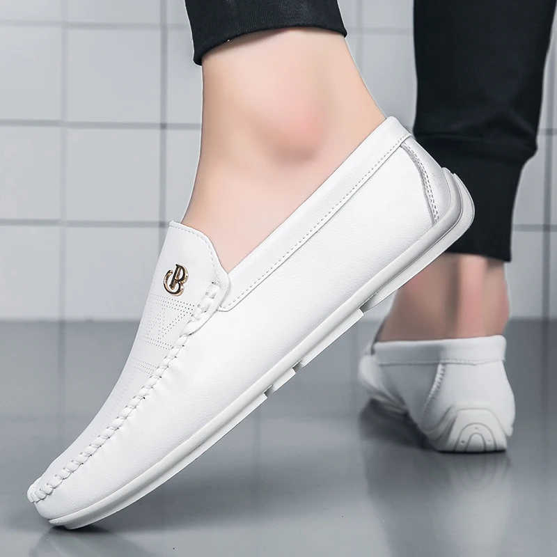 Penny Loafers Shoes For Men Male Boat Shoes 2023 Leather Flat Man Moccasins Mens Driving Shoes Casual Shoe Slip On Flats White