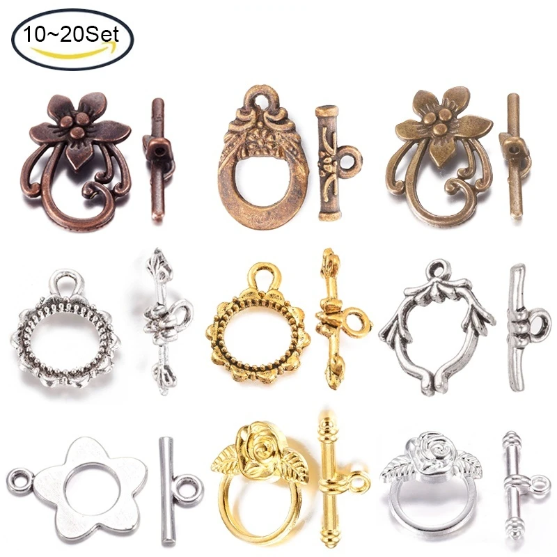 NBEADS 10-20Set  Tibetan Silver Toggle Clasps Flower Antique Silver Lead Free & Cadmium Free Flower: 16x20mm For Jewelry Making