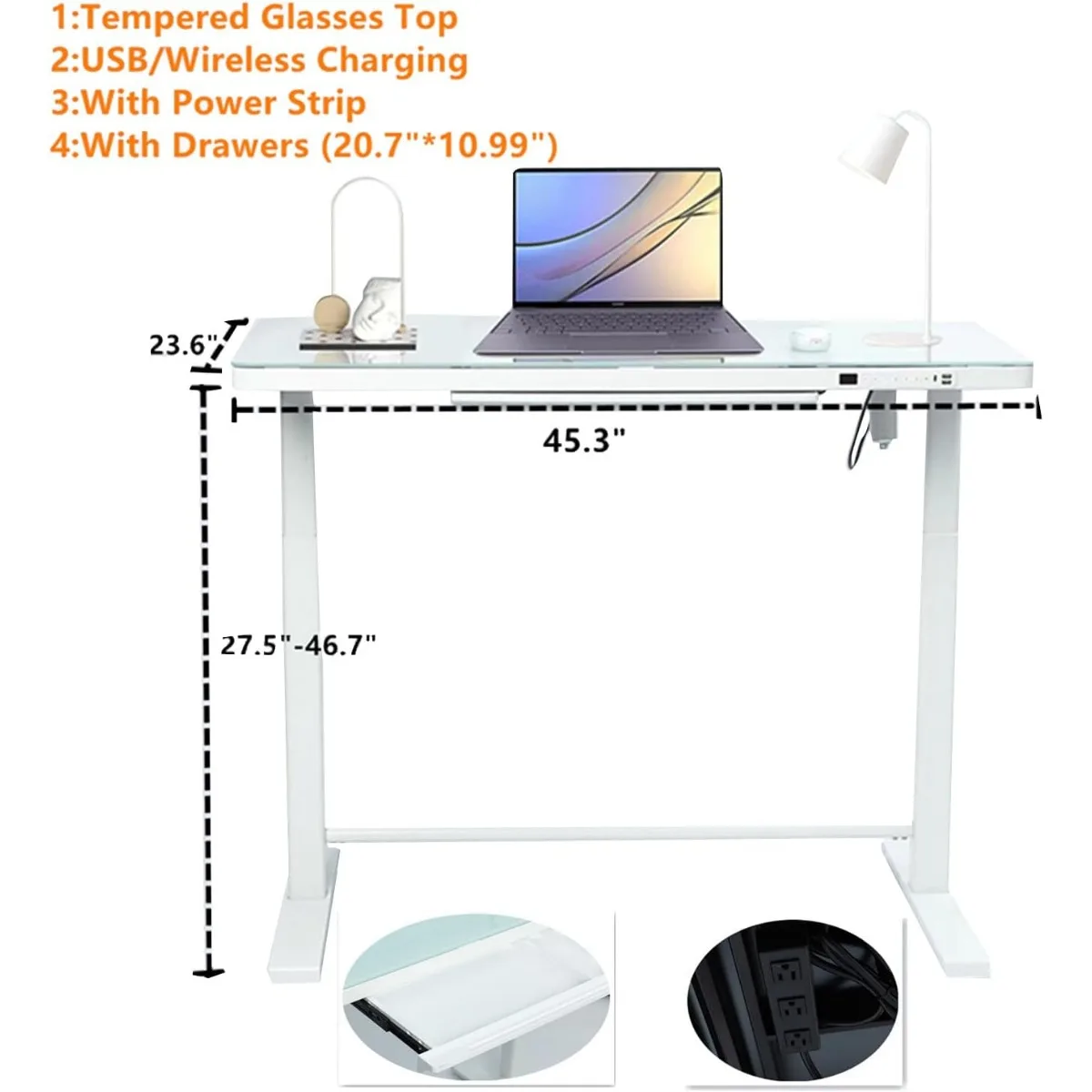 Bureau d'ordinateur debout électrique réglable avec rangement, 45.27x23.6, recommandé pour la maison