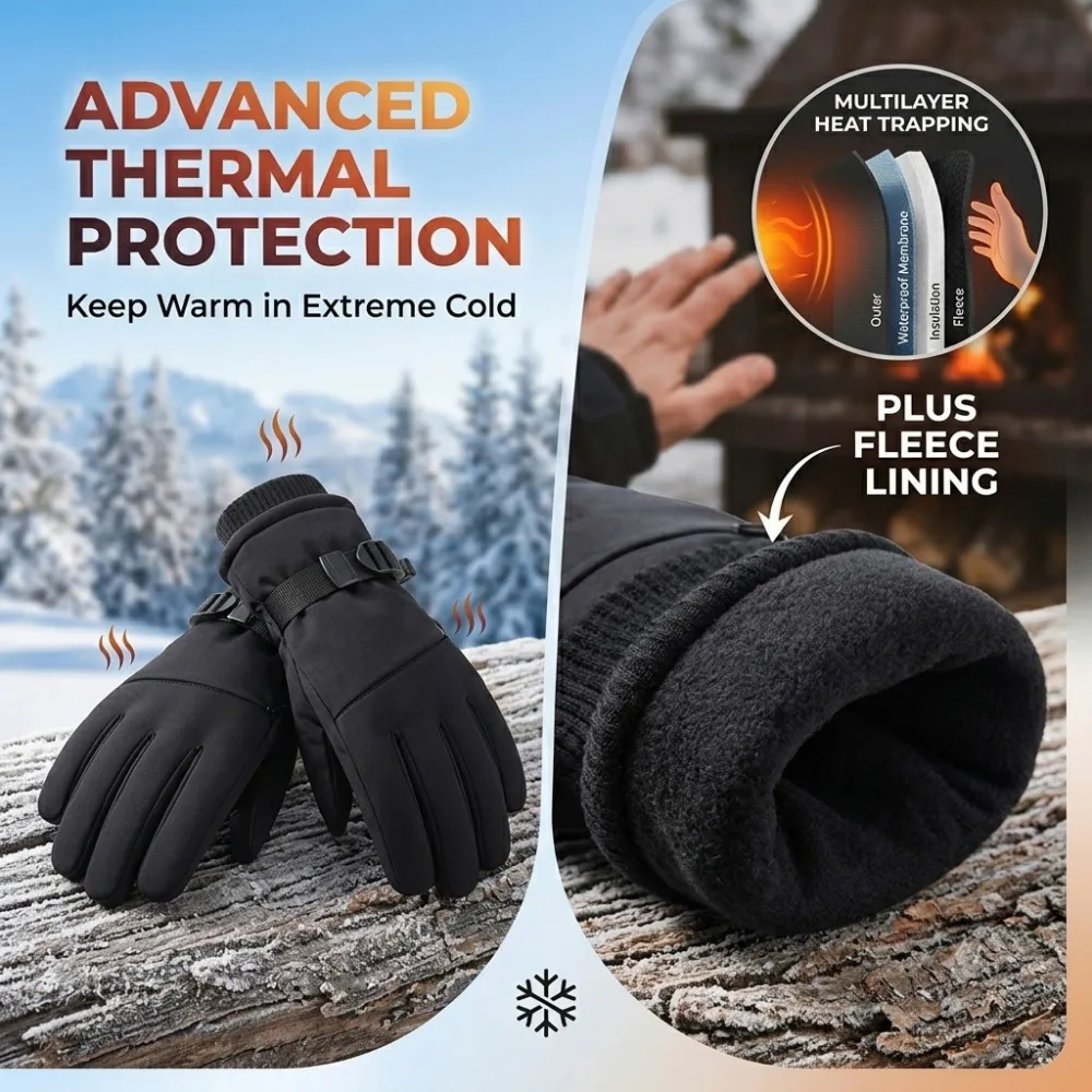 Unisex Winter Ski Gloves Fleece Lined Touch Screen Windproof Water Repellent Anti‑slip Full Finger Glove Snow Sport Cycling Ride