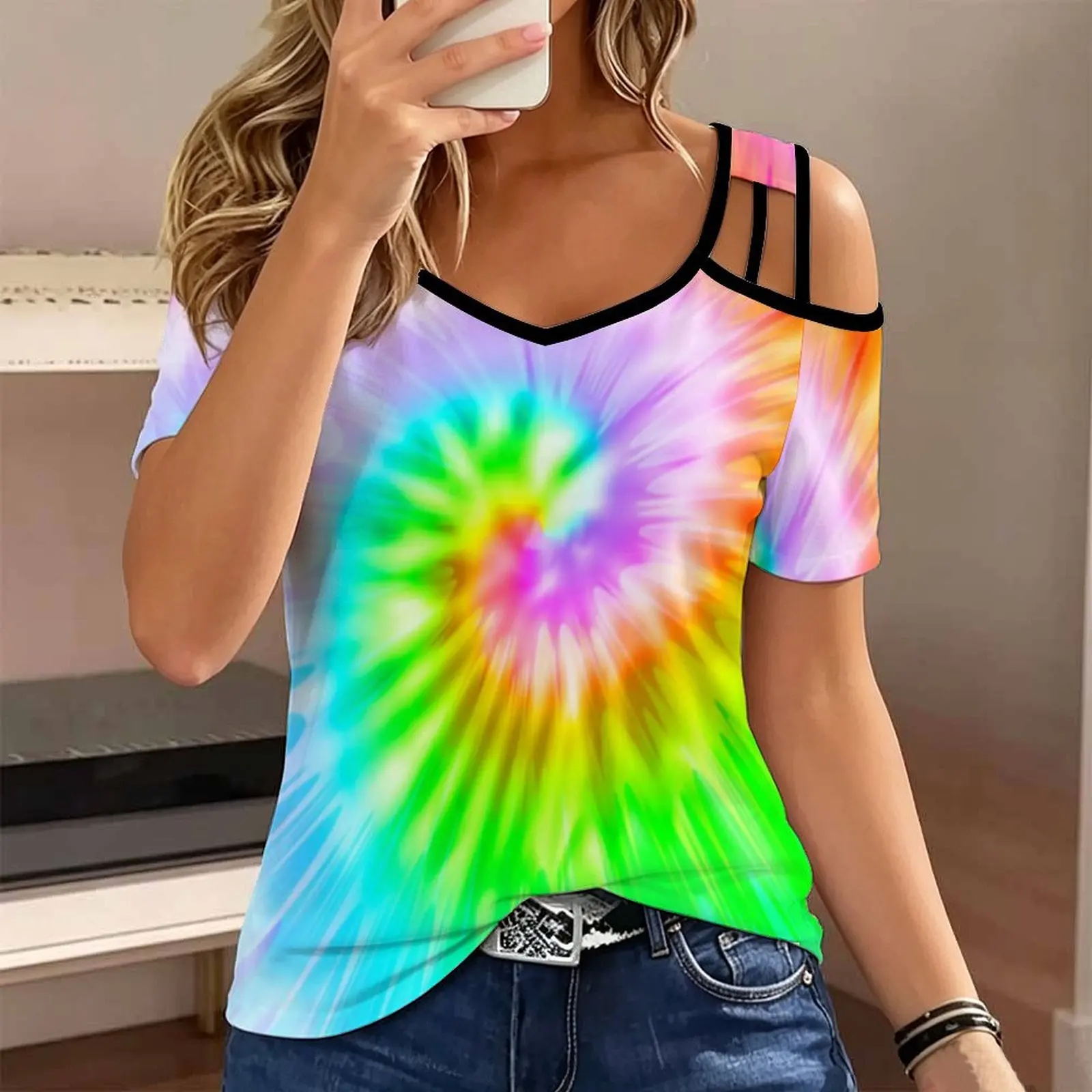 Plus Size Summer Female Fashion Slim V Neck Cold Shoulder Top Retro Elegance Print Women’s T Shirt Everyday Commuting Clothing