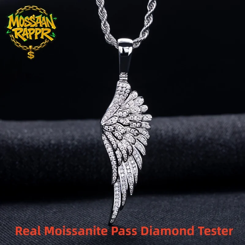 MossanRappr Sparkling Moissanite Iced Out Angel Wing Pendant 14K Gold Plated Trendy Hip Hop Necklace Jewelry Gifts for Men Women
