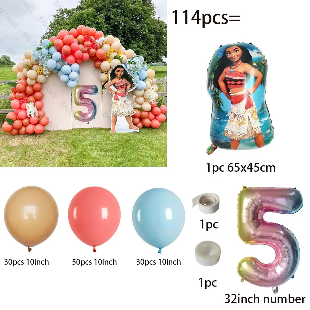 114pcs Moana Princess Theme Birthday Party Decoration Number Aluminum Ballon Baby Shower Photography Pprops Anime Ornaments Gift