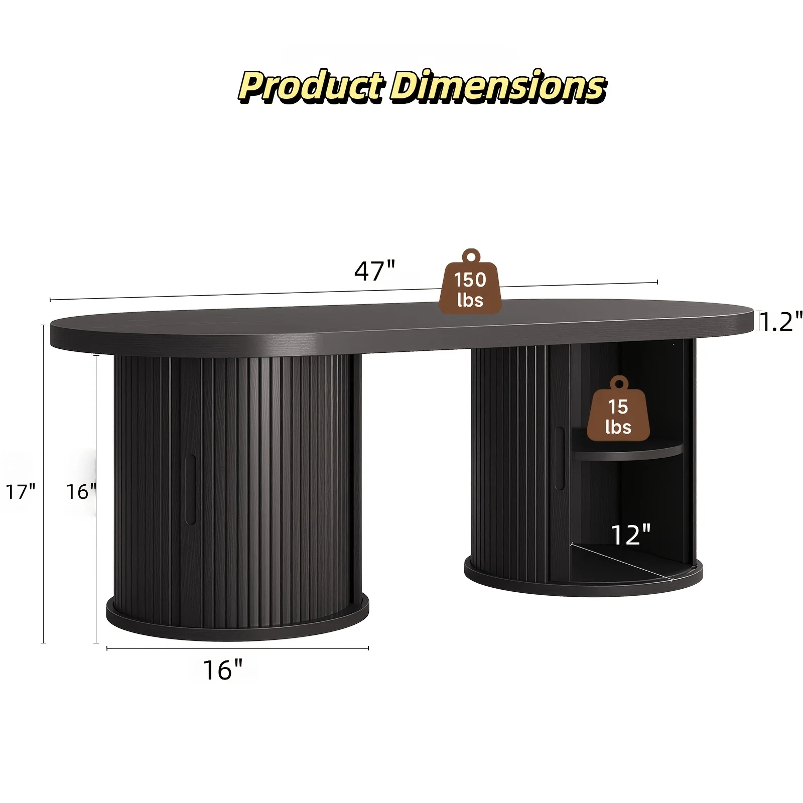 Coffee Table with Storage, Mid-Century Modern 47-Inch Oval Fluted Design with 2 Sliding Door Compartments Space-Saving