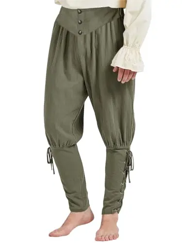 

Mens Medieval Ankle Pants Renaissance Pirate Lace Up Tapered Halloween Linen Costume Trousers