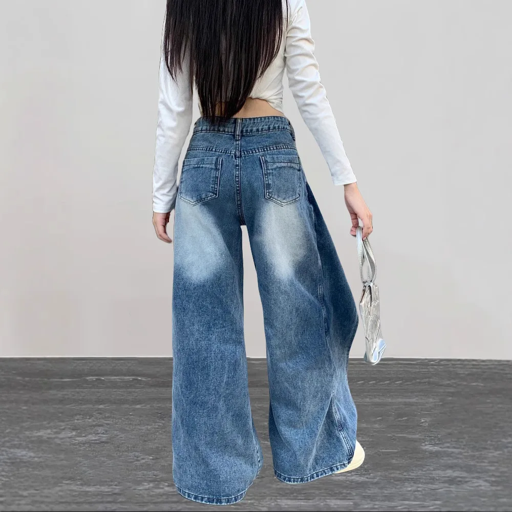 بنطلون جينز نسائي واسع الساق موديل 2026، سروال طويل بخصر عالٍ غير متماثل، جينز ممزق بغسيل بانك للملابس الشبابية