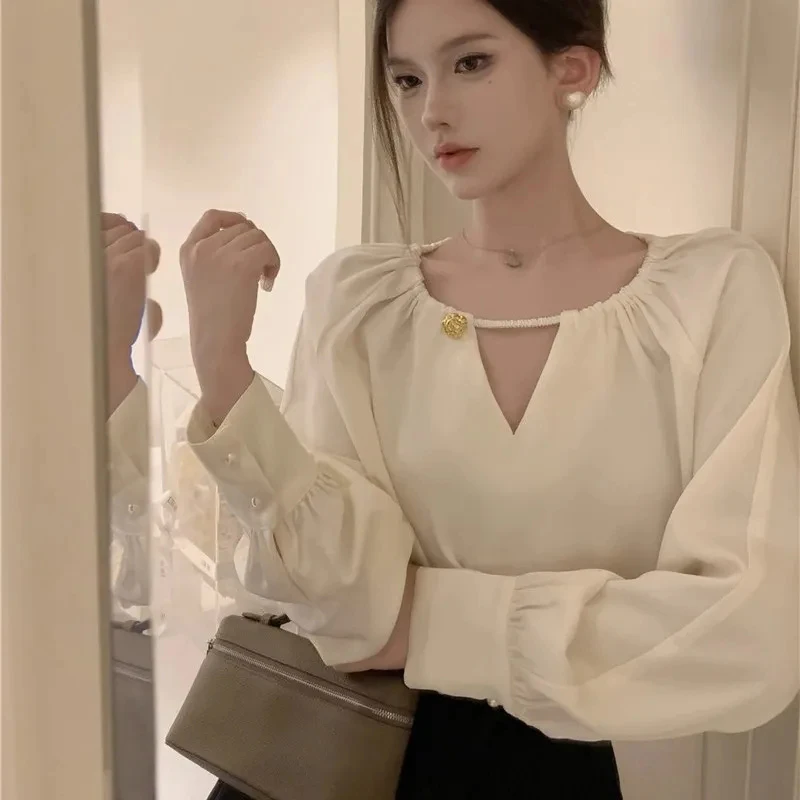 GIDYQ Elegant Satin Shirt Women Fashion Hollow Out Apricot Long Sleeve Blouse Chic O Neck Office Lady All Match Tops Spring New