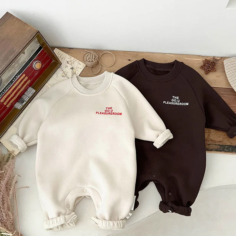 

Infant Bodysuit Fleece Thick Pullover Romper 2023 Children Loose Warm Letter Jumpsuit Autumn Winter Fashion Baby Out Clothes New