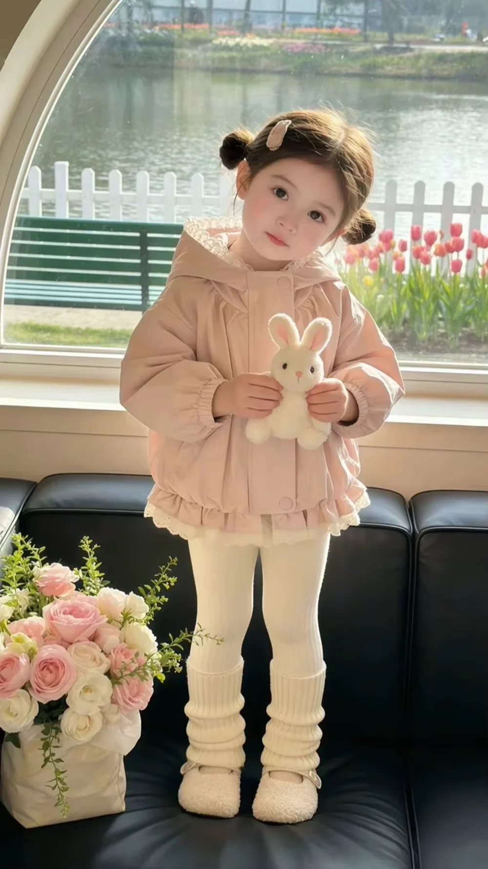 Fashion Girls Cotton Hooded Trench Coat Korean Elegant Windbreaker Spring Autumn Kids Casual Jacket 80-140CM