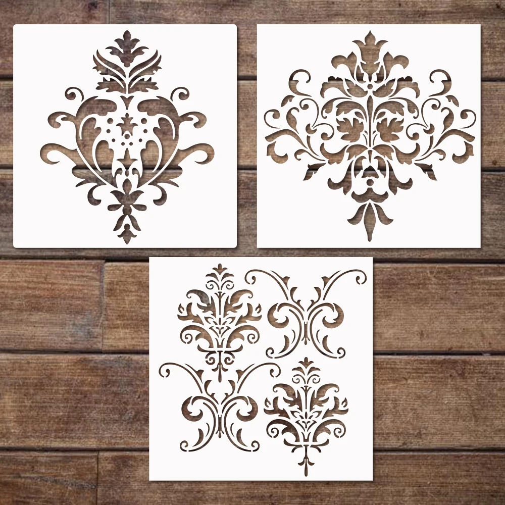 3Pack Reusable Large Vintage Plastic Washable Wall Painting Drawing Damask Stencil Set for DIY Decorate Home Wall Furniture