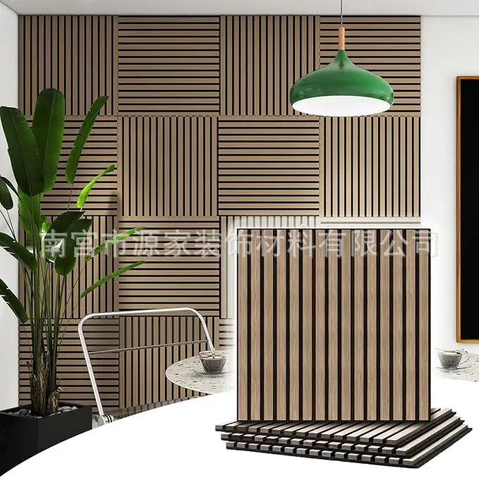 30x30cm 21mm Thick Polyester Felt Acoustic Panel, Faux Wood Slat Grid Design Soundproof Tile for Wall Ceiling DIY Installation