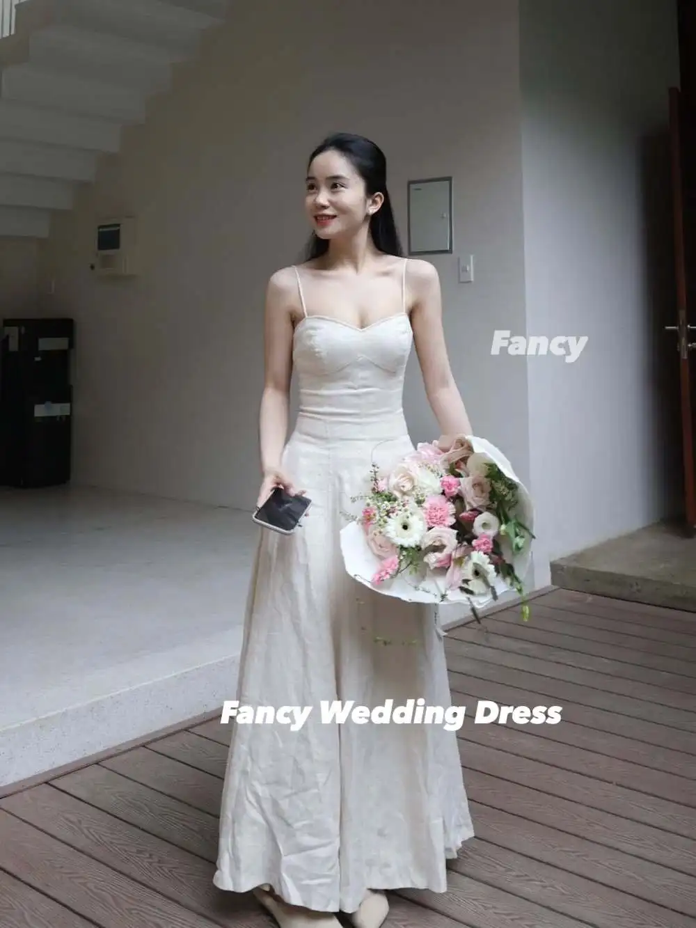 Elegancka koreańska suknia ślubna na ramiączkach spaghetti, linia A, elastyczna satyna, suknia wieczorowa, gorset z tyłu, możliwość personalizacji 웨딩드레스