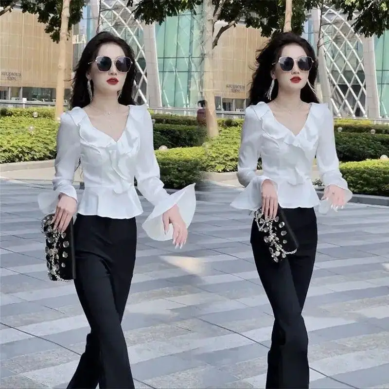 Elegant Fashion Set Women's High Waist Flared Pants Long Sleeve Shirt V-Neck High Quality Polyester Fiber Office Wear